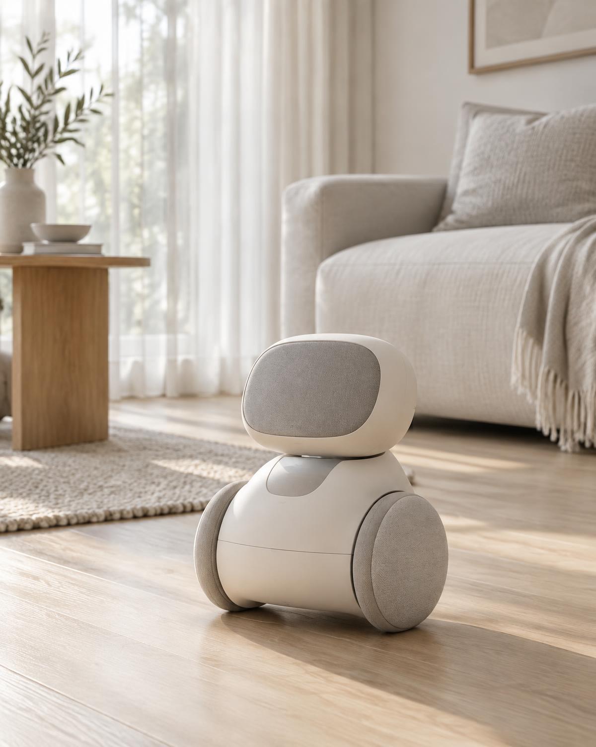 Liten personlig robot på ekparkett i ett skandinaviskt vardagsrum i morgonljus.
