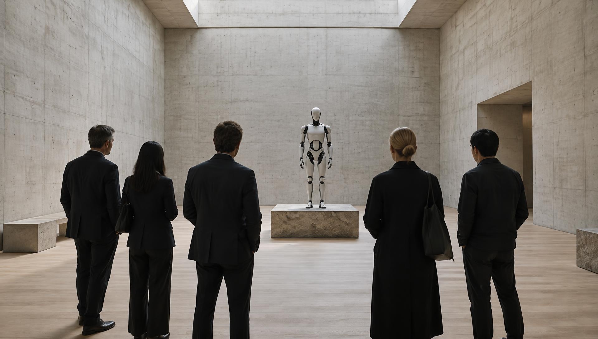 Besökare sedda bakifrån i ett betonggalleri som ser en robotdemo på en låg podie.