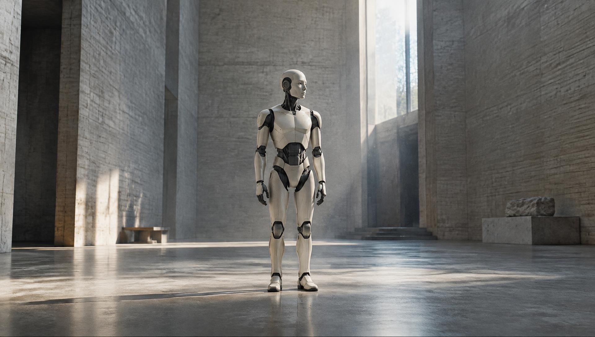 Humanoid robot stilla stående i ett stort betongrum i kallt dagsljus.