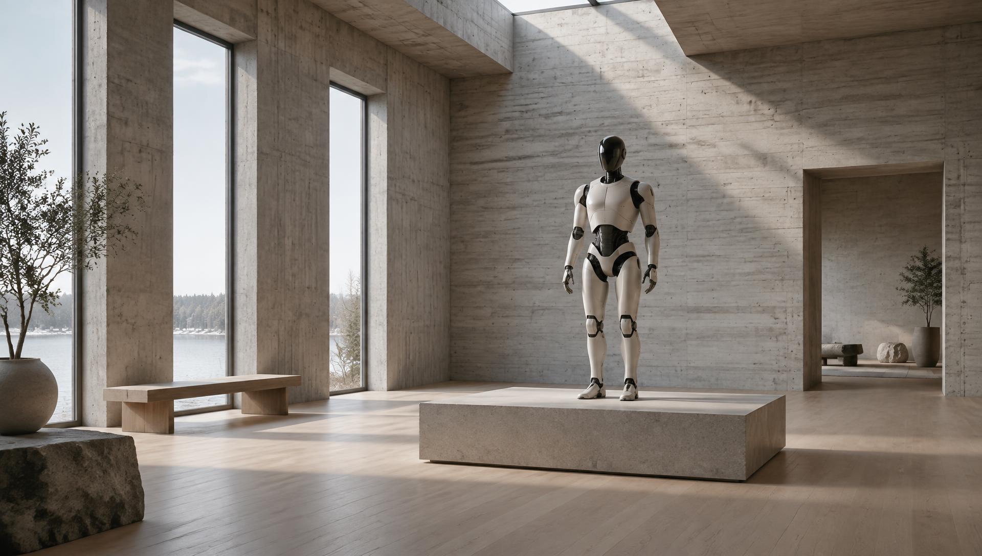 Tomt showroom i betong och ek med en låg stenpodie och en robot i dagsljus från ovan.